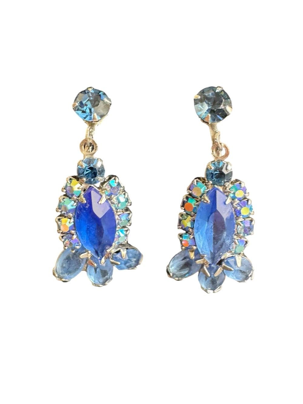 Vintage Blue Rhinestone Drop Earrings Clip-On AB Crystal Festive Retro 1950s